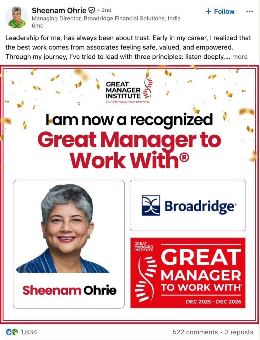 Brajeshkumar Dubey, recognised as a Great Manager to Work With