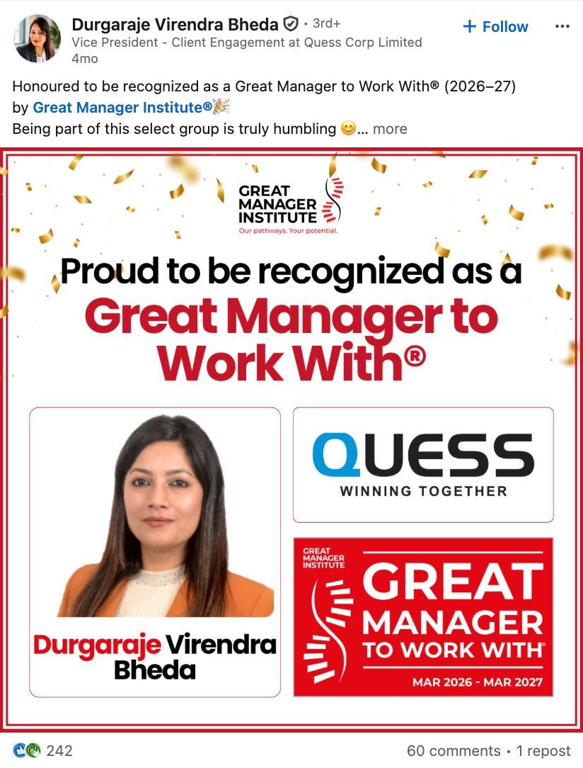 Jitendra, recognised as a Great Manager to Work With